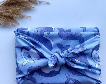 Furoshiki Geschenktücher mit Wale Motiv aus Bio Baumwolle, Größe S 35x 35cm, M 50x50cm, L 70x70cm, XL90x90cm, Wrap Tuch, Muttertag