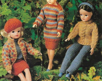 3 x Doll Knitting Pattern Barbie Sindy Outfits Beret Coat Trousers Jumper Skirt 4 PLY Knitting Jumper Teenage Dolls 12 inch Instant Download