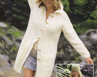 Aran Coat Long Line Jacket Aran Knitting Pattern Cable Sweaters Jumpers 32 - 54 inch Aran Wool Knitting patterns PDF Instant Download