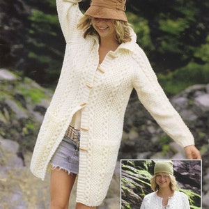 Aran Coat Long Line Jacket Aran Knitting Pattern Cable Sweaters Jumpers 32 - 54 inch Aran Wool Knitting patterns PDF Instant Download