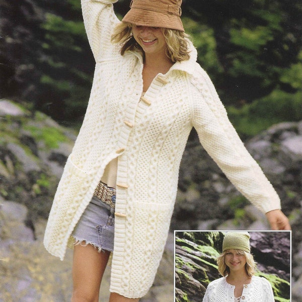 Aran Coat Long Line Jacket Aran Knitting Pattern Cable Pulls Jumpers 32 - 54 inch Aran Wool Knitting patterns PDF Instant Download