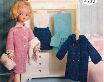 Doll Knitting Pattern Barbie Sindy Outfits Coat Bag Shoes Jumper Skirt Knitting Dress Teenage Dolls Dress 12 inch doll DK Instant Download