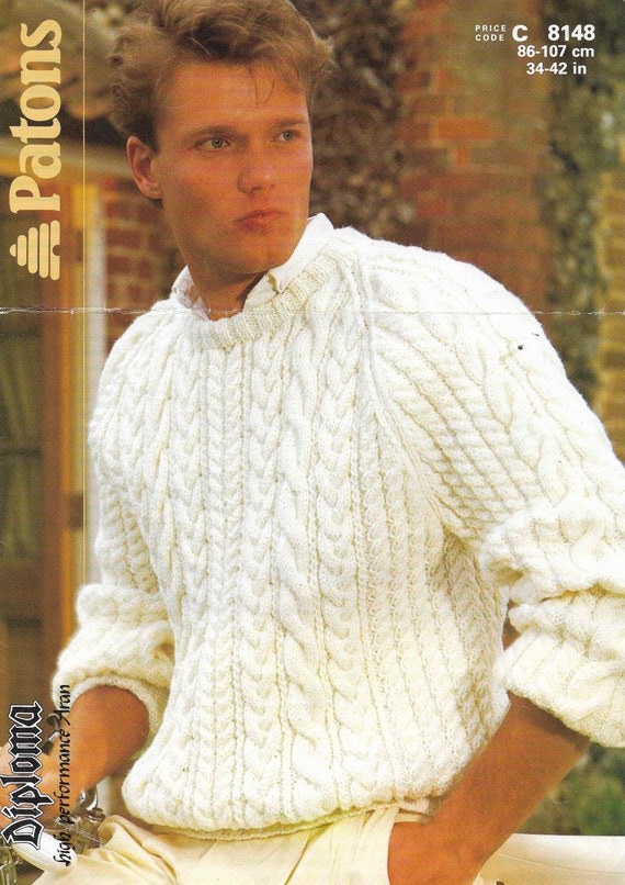 Mens Aran Knitting Pattern Mans Boys Aran Pattern Cable Sweaters Jumpers 34  - 42 inch Aran Wool Knitting patterns PDF Instant Download