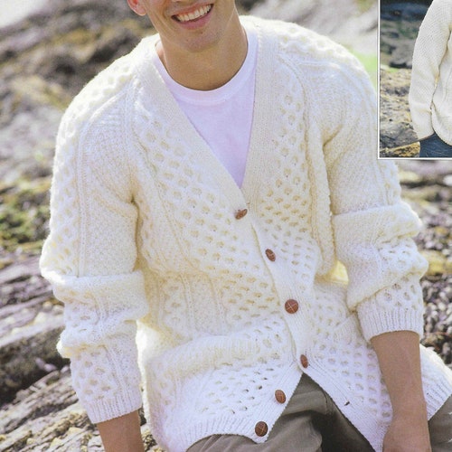 Aran Mens Cardigan Jacket Aran Knitting Pattern Cable Sweaters - Etsy UK