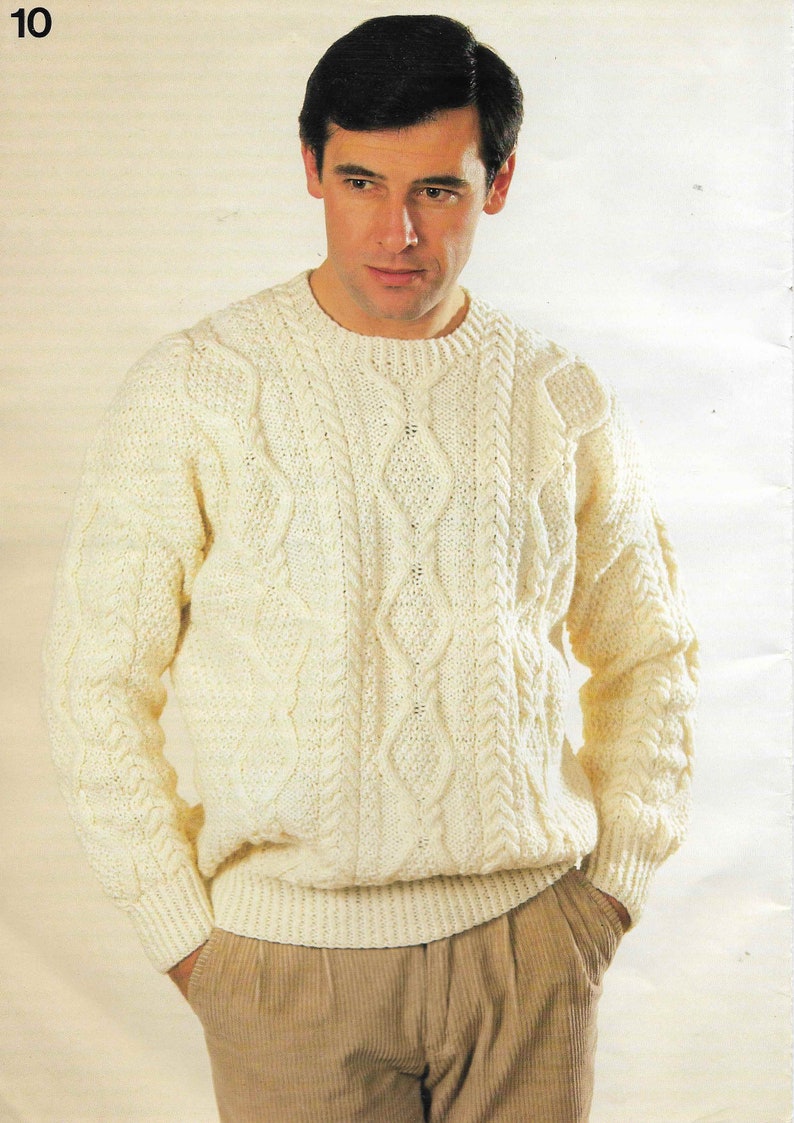 Mens Aran Crew Neck Knitting Pattern Mans Boys Cable Sweaters - Etsy