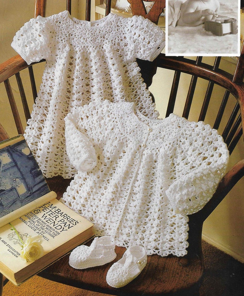 Baby CROCHET PATTERN 3 PLY Dress Coat 4 Ply Matinee Crochet Cardigan Shawl Set 16 20 inches Baby Crochet Patterns pdf instant download image 1