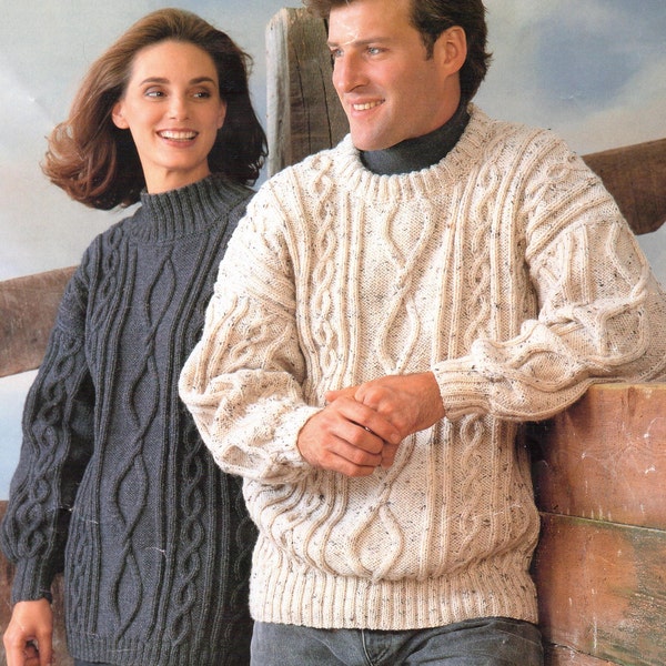 Womens Mens Aran Knitting Crew Neck Knitting Pattern PDF Aran Sweater Cable 32 46 Aran Worsted 10 Ply Unisex knitting pattern PDF Download