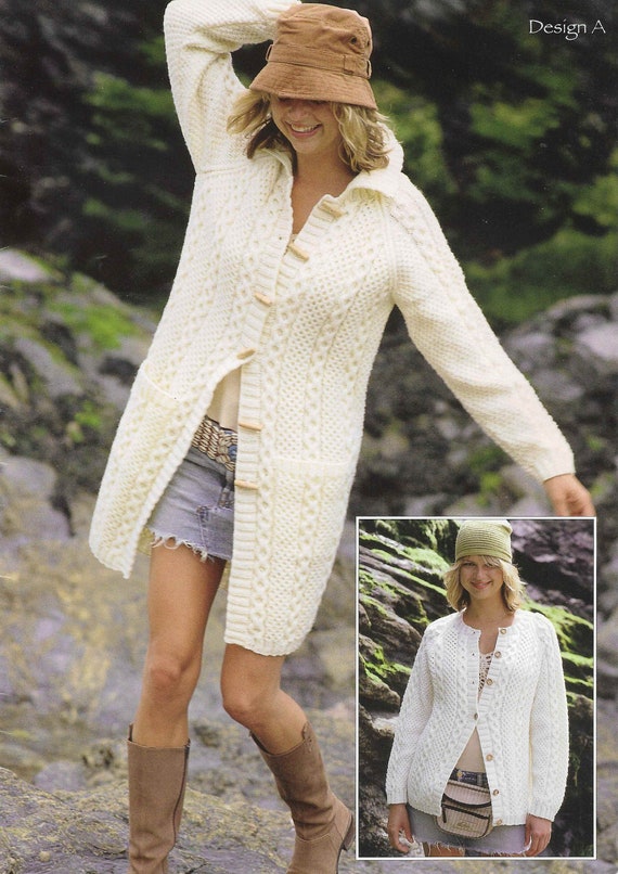 Aran Coat Long Line Jacket Aran Knitting Pattern Cable Sweaters Jumpers 32 54 inch Aran Wool Knitting patterns PDF Instant Download