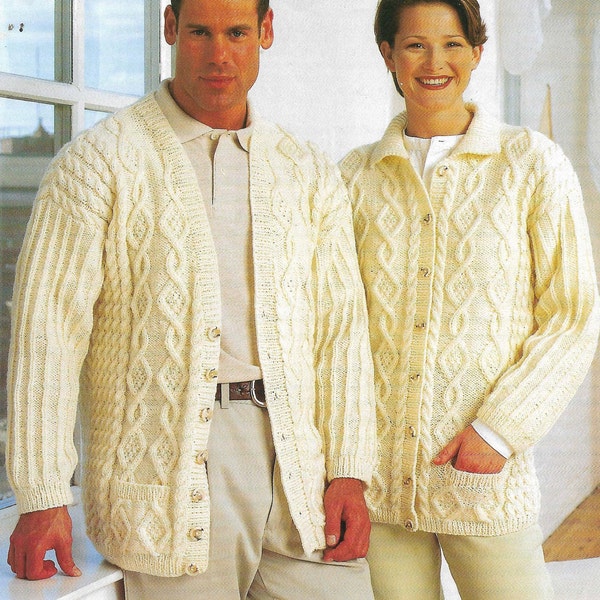 His and Hers Aran Knitting Pattern Cable Mens Womens Cardigan Jacket 66 - 132 cm 26 - 52 inch Aran Knitting pattern PDF Instant Download
