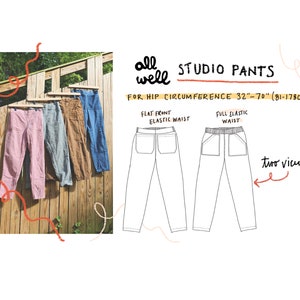 May include: Four pairs of Studio Pants in various colors, including pink, gray, brown, and blue, hanging on a wooden fence. The image also shows a diagram of the pants with flat front and full elastic waist options. Text on the image reads "all well STUDIO PANTS".