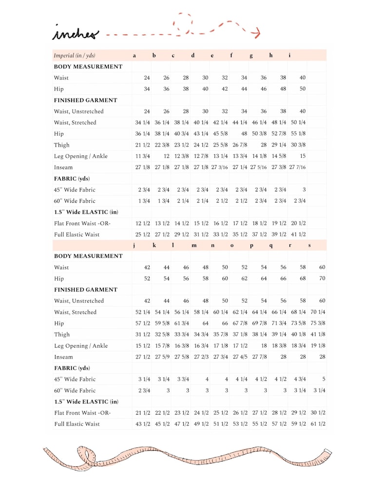 May include: A chart with measurements in inches for body and garment sizes, including waist, hip, thigh, and inseam. Fabric requirements are also listed.