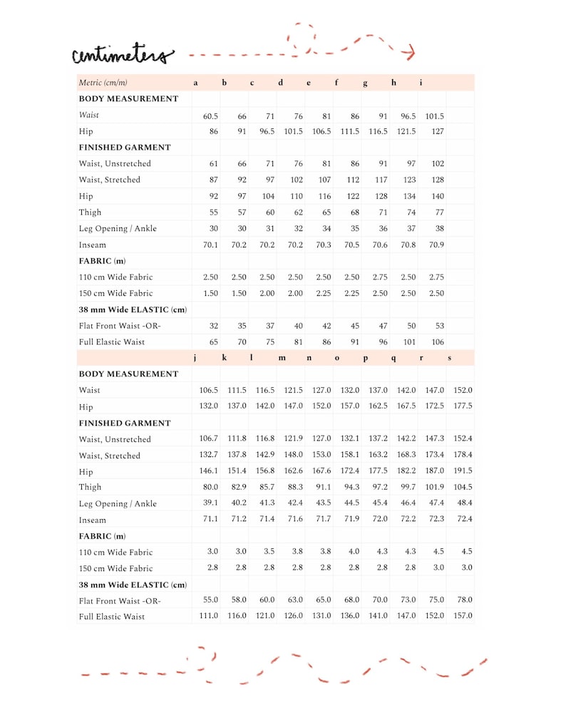 May include: A detailed chart with measurements in centimeters for body and garment sizes. Includes waist, hip, thigh, and inseam measurements, along with fabric and elastic dimensions. The chart is designed for sewing or pattern making.