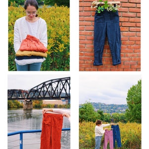 May include: A collection of images showcasing various pants. One image features a person holding a stack of orange, yellow, and white pants. Another shows blue jeans hanging on a brick wall with flowers. Other images show orange and purple pants.