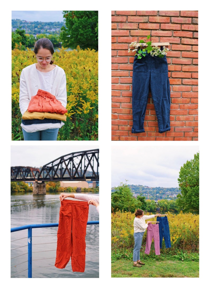 May include: A collection of images showcasing various pants. One image features a person holding a stack of orange, yellow, and white pants. Another shows blue jeans hanging on a brick wall with flowers. Other images show orange and purple pants.