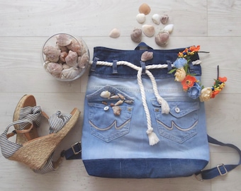 50% Off/ Handmade Denim Sea mood Backpack/  Beach bag/Rucksack/ Gift for her