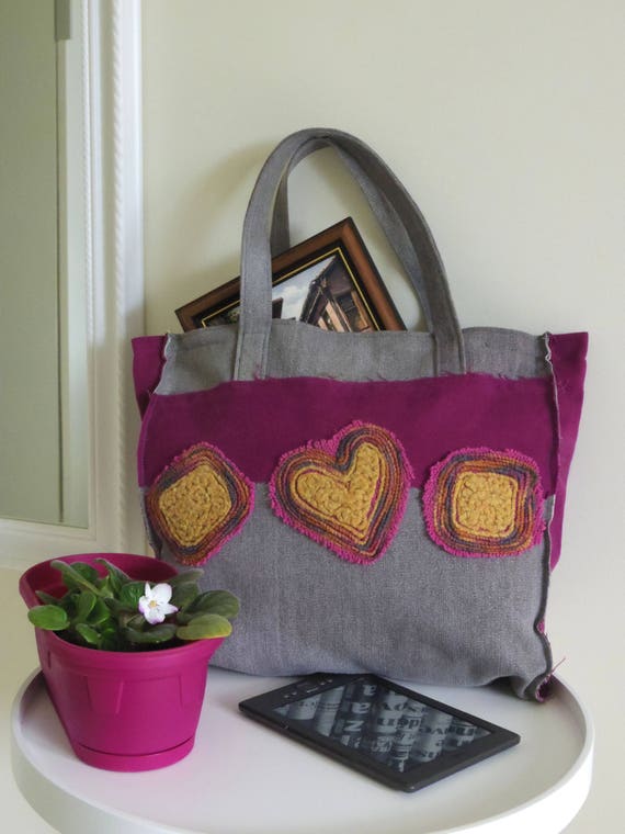 Romantic Denim Handbag Tote Bag Decorated With Hearts Etsy