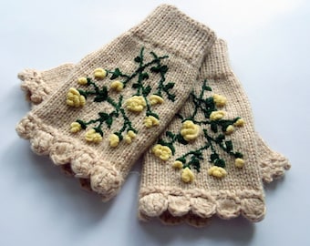 Merino Wool & Linen /Hand knit Fingerless Gloves with Embroidered Flowers/ Hand Warmers/ Wrist Warmers/ Fingerless Mittens/Gift for her/