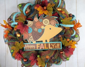 Hedgehog Fall Wreath: Turquoise Deco Mesh, Autumn Leaves
