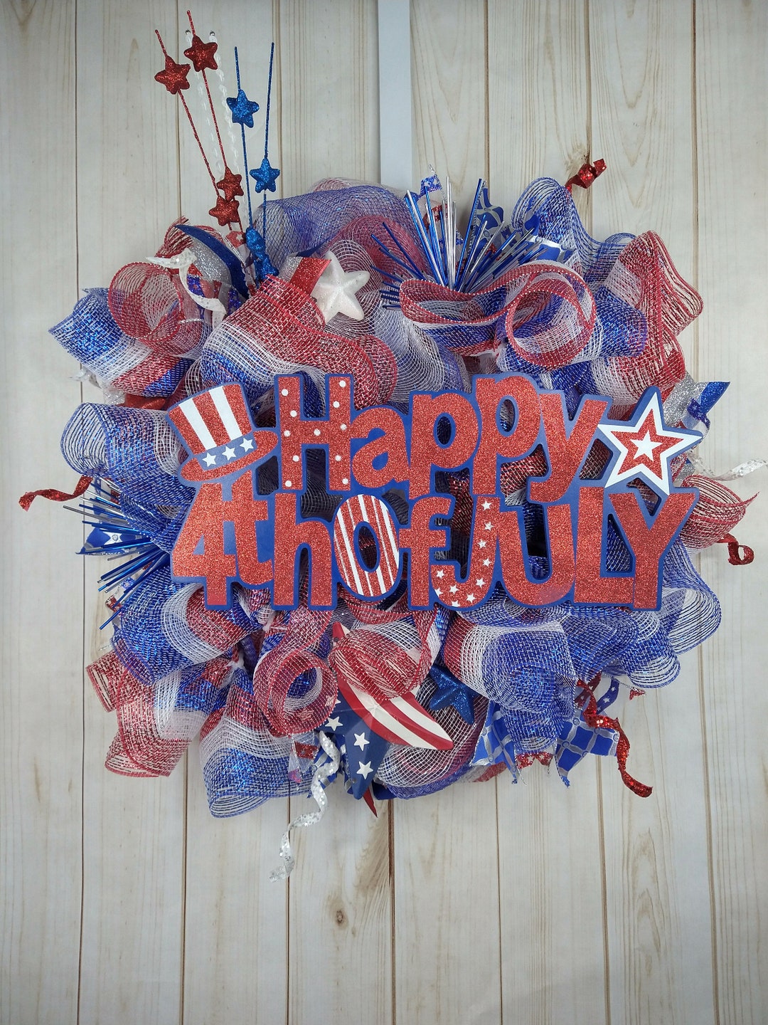 Patriotic 4th of July Wreath: Red White & Blue Mesh, Americana Decor - Etsy