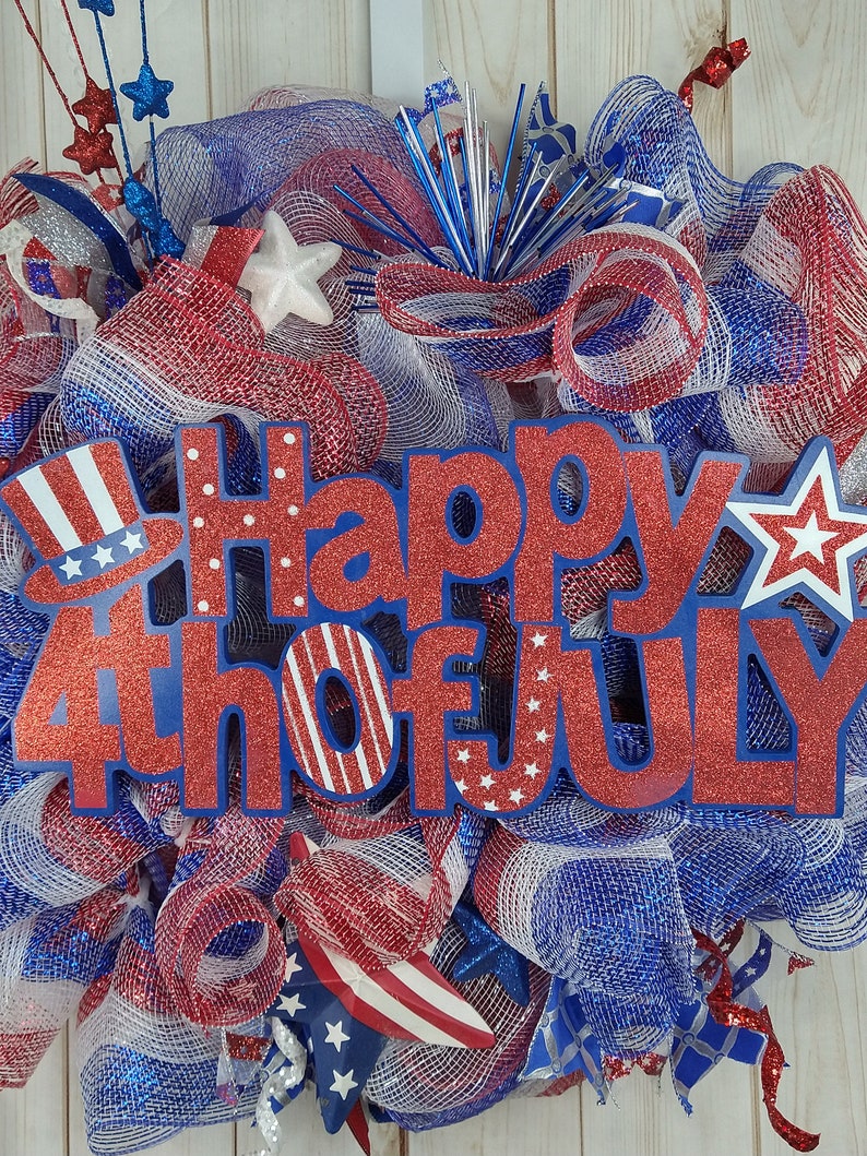 Patriotic 4th of July Wreath: Red White & Blue Mesh, Americana Decor - Etsy