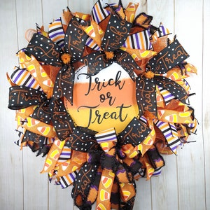 Ghirlanda di Halloween dolcetto o scherzetto per porta d'ingresso o portico, decorazione di mais caramellato di Halloween, ghirlanda di halloween per bambini, ghirlanda di nastro di Halloween