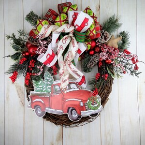 Christmas farmhouse red truck wreath for front door or porch, Rustic vintage red truck wreath, Christmas red truck grapevine holiday wreath
