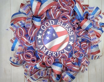 4th of july patriotic wreath for porch or front door, Fourth of july, God bless america, Memorial day, Veterans day, Americana Wreath Decor