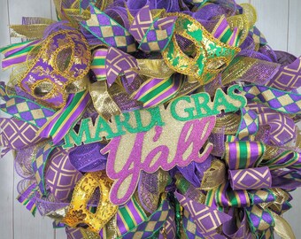 Mardi Gras wreath for front door or porch, Mardi Gras wreath door hanger, Mardi Gras decor, Mardi gras mask, Festive wreath, Fat Tuesday