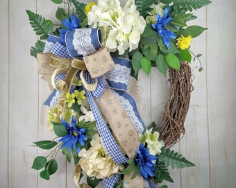 Farmhouse wreath for front door or porch, Floral rustic grapevine wreath, Everyday floral wreath for door, Host gifts, Gifts ideas for mom