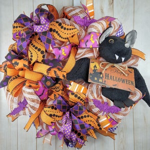 Halloween bat wreath for front door or porch, Bat halloween fall door decor, Halloween bat mesh wreath front door, Bat wreath, Ready to ship