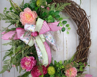 Spring pink floral grapevine wreath for ront door or porch, Mom gifts pink floral grapevine, Floral wall art, Farmhouse Mother's Day gifts