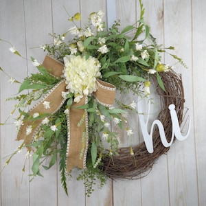 Floral Grapevine Wreath: Burlap Bow, White Flowers, Front Door Decor