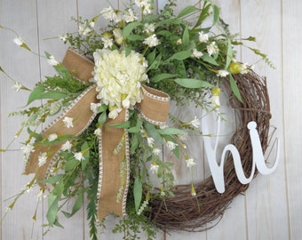 Everyday floral wreath for front door or porch, Everyday twig wreath, Floral wall decor, Farmhouse everyday grapevine wreath, Wedding gifts