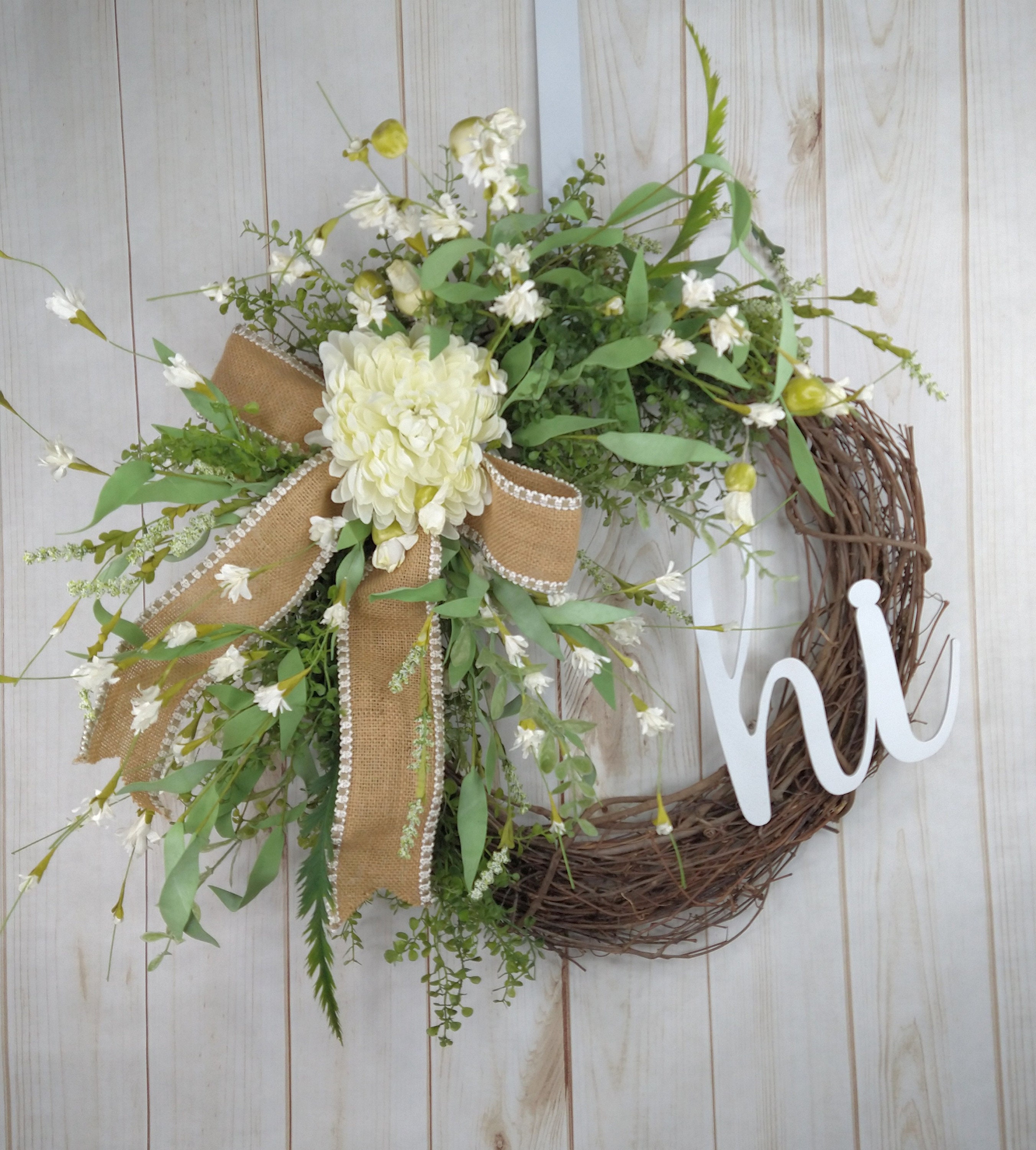 Floral Grapevine Wreath: Burlap Bow, White Flowers, Front Door Decor