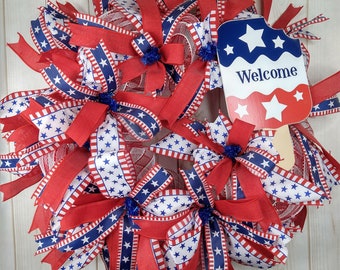 Summer 4th of july patriotic wreath for front door or porch, Fourth of july welcome wreath, Independence day memorial day, Veterans decor