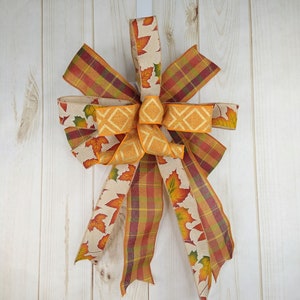 Fall leaves bow for lantern, Fall bow for wreath, Pumpkin decor, Fall decorations, Door hanger bow, Brown orange fall bow, Thanksgiving bow