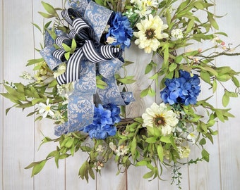 Everyday wreaths for front door or porch, Farmhouse rustic floral wreath, Floral hydrangea grapevine wreath, Farmhouse blue floral wreath