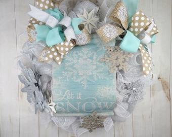 Handmade Snowflake Winter Wreath, Silver Mesh Holiday Decor