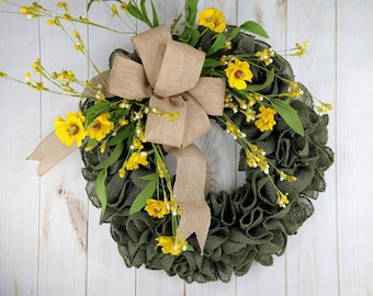 Farmhouse burlap wreath with yellow florals for front door or porch, Country home wreaths, Fall green burlap with yellow floral wreath decor