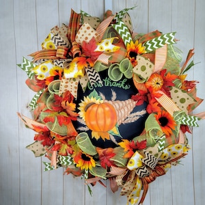 Thanksgiving Wreath: Fall Pumpkin, Sunflower, and Cornucopia Decor