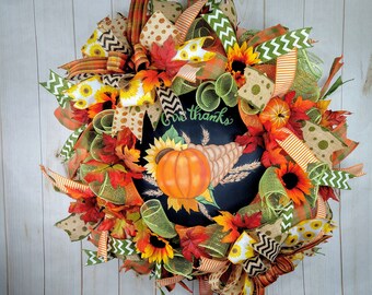 Thanksgiving wreath for front door or porch, Fall wreath with pumpkins, Fall decorations for home, Welcome fall wreath, Fall autumn decor