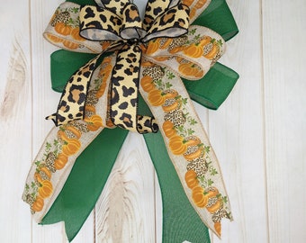 Emerald green fall bow, fall wreath bow, fall leopard pumpkin bow, wreath embellishment, fall door hanger bow, fall lantern bow, cheetah