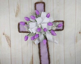 Easter Cross Door Hanger: Purple Tulips, Gingham Fabric, Religious Decor