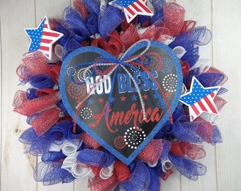 Patriotic wreath for front door or porch, Fourth of july, Independence day, Memorial day, Veterans day, Labor day, Red white & blue wreath