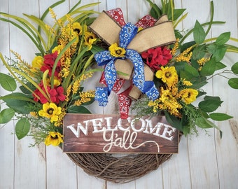 Farmhouse country summer wreath for front door or porch, Farmhouse welcome Y'all floral grapevine, Rustic floral grapevine welcome wreath