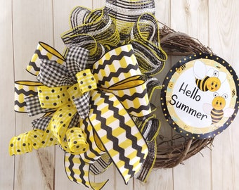 Bee Wreath: Handmade Grapevine, Yellow & Black Bow, Summer Door Decor