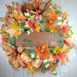 Fall wreath for front door, Thanksgiving welcome fall outdoor porch wreath, Happy Fall Y'all country wreath, Hostess gifts housewarming gift