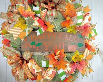 Fall wreath for front door, Thanksgiving welcome fall outdoor porch wreath, Happy Fall Y'all country wreath, Hostess gifts housewarming gift