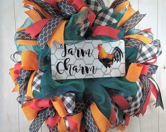 Rooster farmhouse wreath for front door or porch, Country rustic rooster wreath, Farmhouse everyday country summer wreath, Farm charm decor