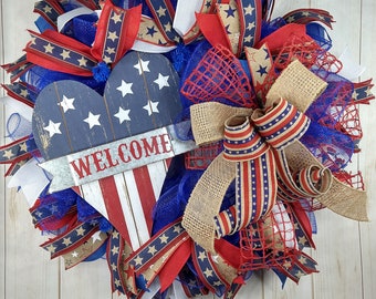 Summer 4th of july wreath for front door or porch, Patriotic porch wreath, Fourth of july decor, Independence day Memorial day, Veterans day